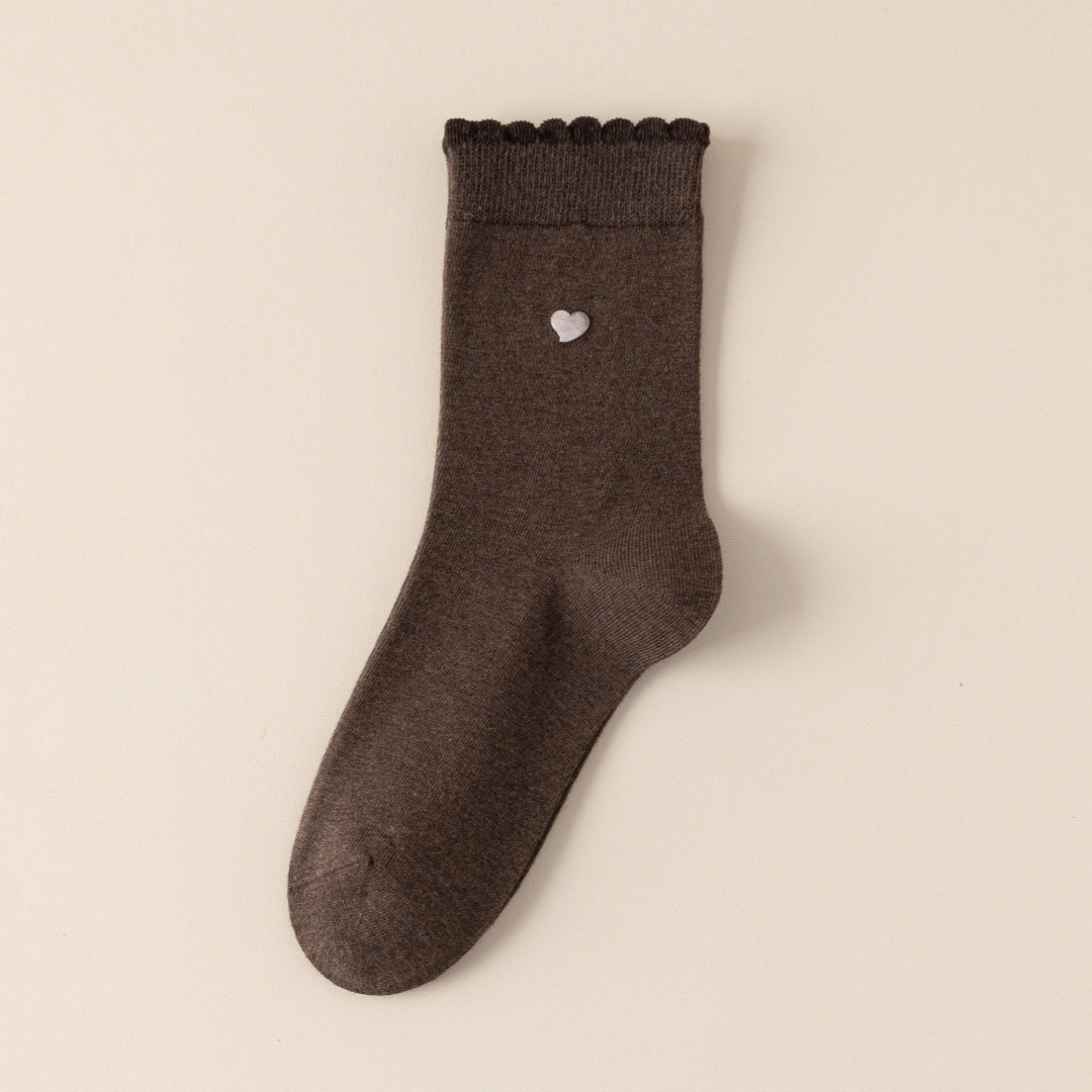 Women's 98% Premium Cotton Metallic Heart Charm Scallop-Trim Crew Socks