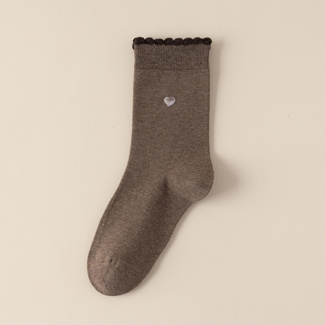 Women's 98% Premium Cotton Metallic Heart Charm Scallop-Trim Crew Socks