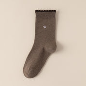 Women's 98% Premium Cotton Metallic Heart Charm Scallop-Trim Crew Socks