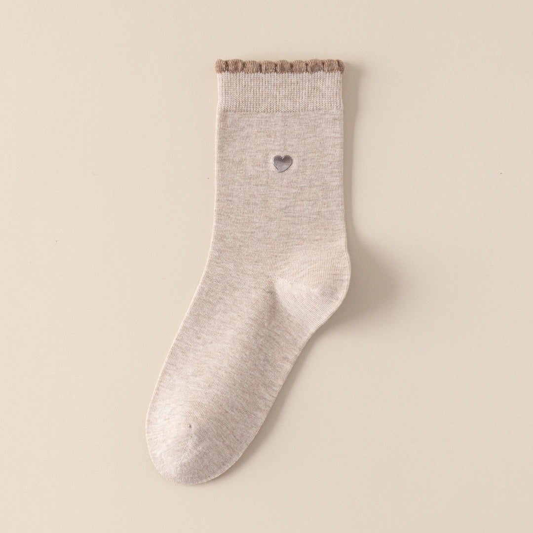 Women's 98% Premium Cotton Metallic Heart Charm Scallop-Trim Crew Socks