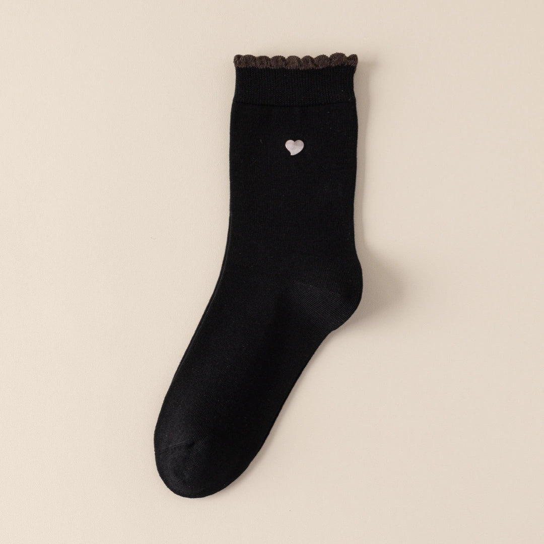 Women's 98% Premium Cotton Metallic Heart Charm Scallop-Trim Crew Socks