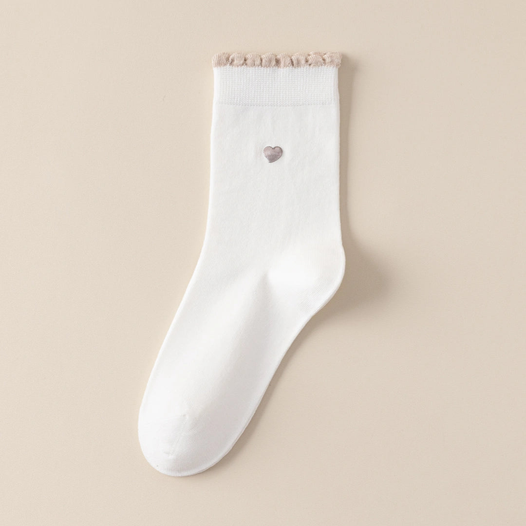 Women's 98% Premium Cotton Metallic Heart Charm Scallop-Trim Crew Socks