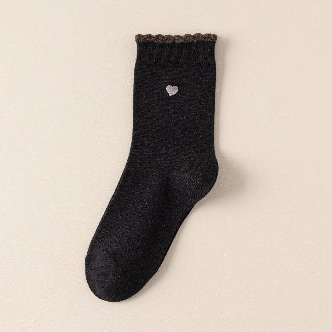 Women's 98% Premium Cotton Metallic Heart Charm Scallop-Trim Crew Socks