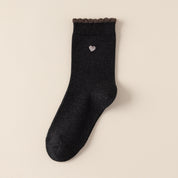Women's 98% Premium Cotton Metallic Heart Charm Scallop-Trim Crew Socks