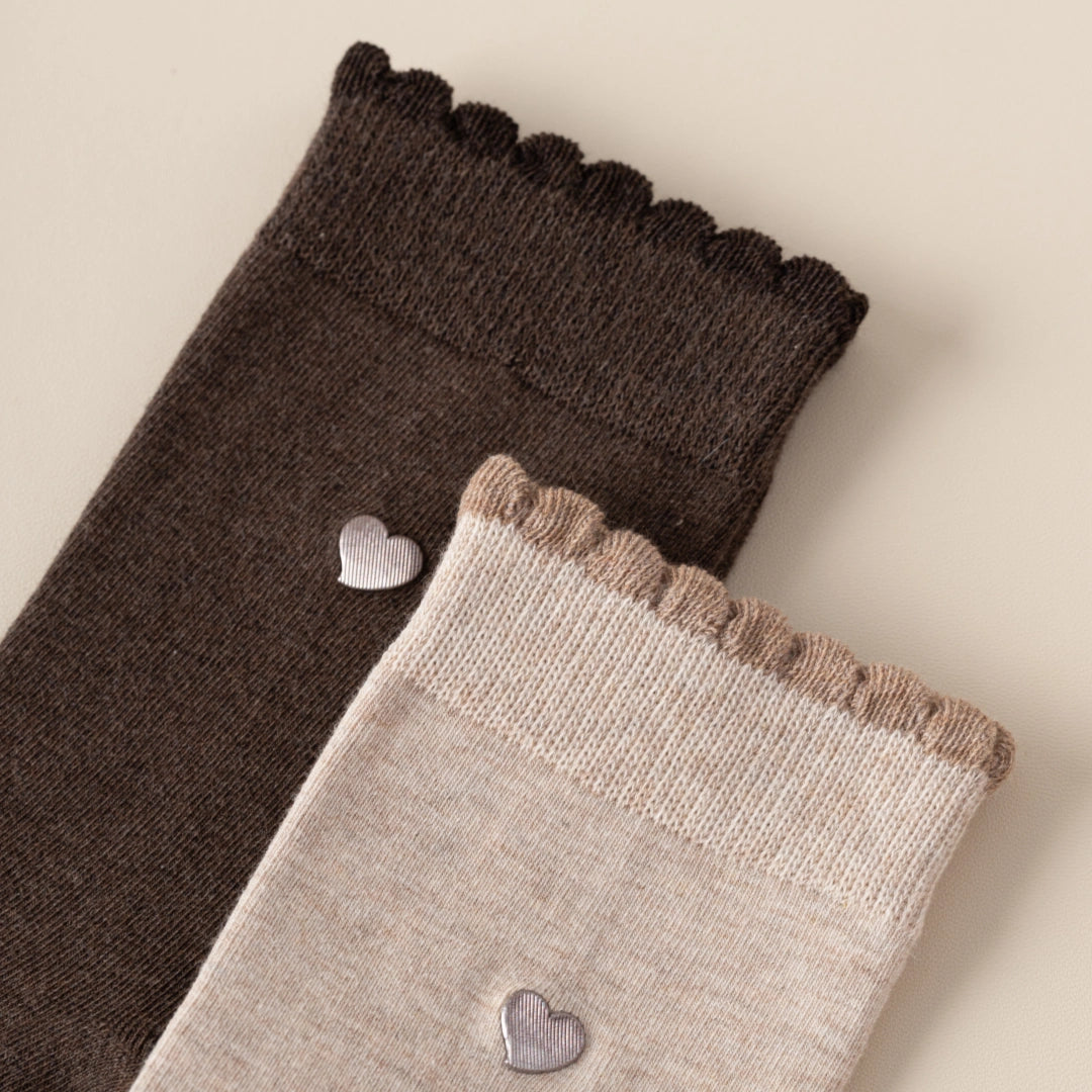 Women's 98% Premium Cotton Metallic Heart Charm Scallop-Trim Crew Socks