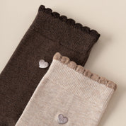 Women's 98% Premium Cotton Metallic Heart Charm Scallop-Trim Crew Socks