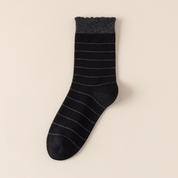 Women's 98% Premium Cotton Fine-Striped Scallop-Trim Crew Socks