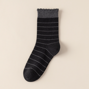 Women's 98% Premium Cotton Fine-Striped Scallop-Trim Crew Socks