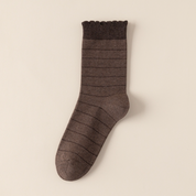 Women's 98% Premium Cotton Fine-Striped Scallop-Trim Crew Socks
