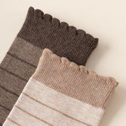 Women's 98% Premium Cotton Fine-Striped Scallop-Trim Crew Socks